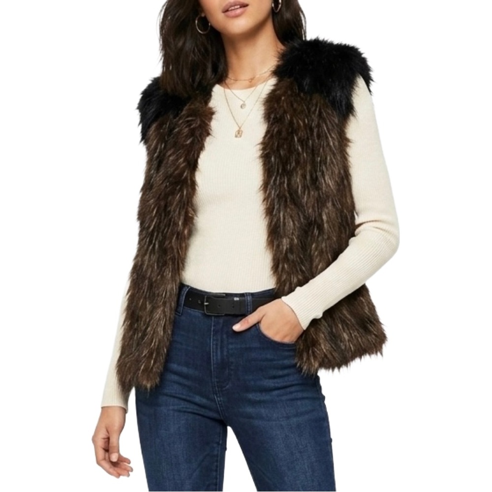 Zara Faux Fur Vest Brown Black Shaggy Gilet Size M Cozy Layering